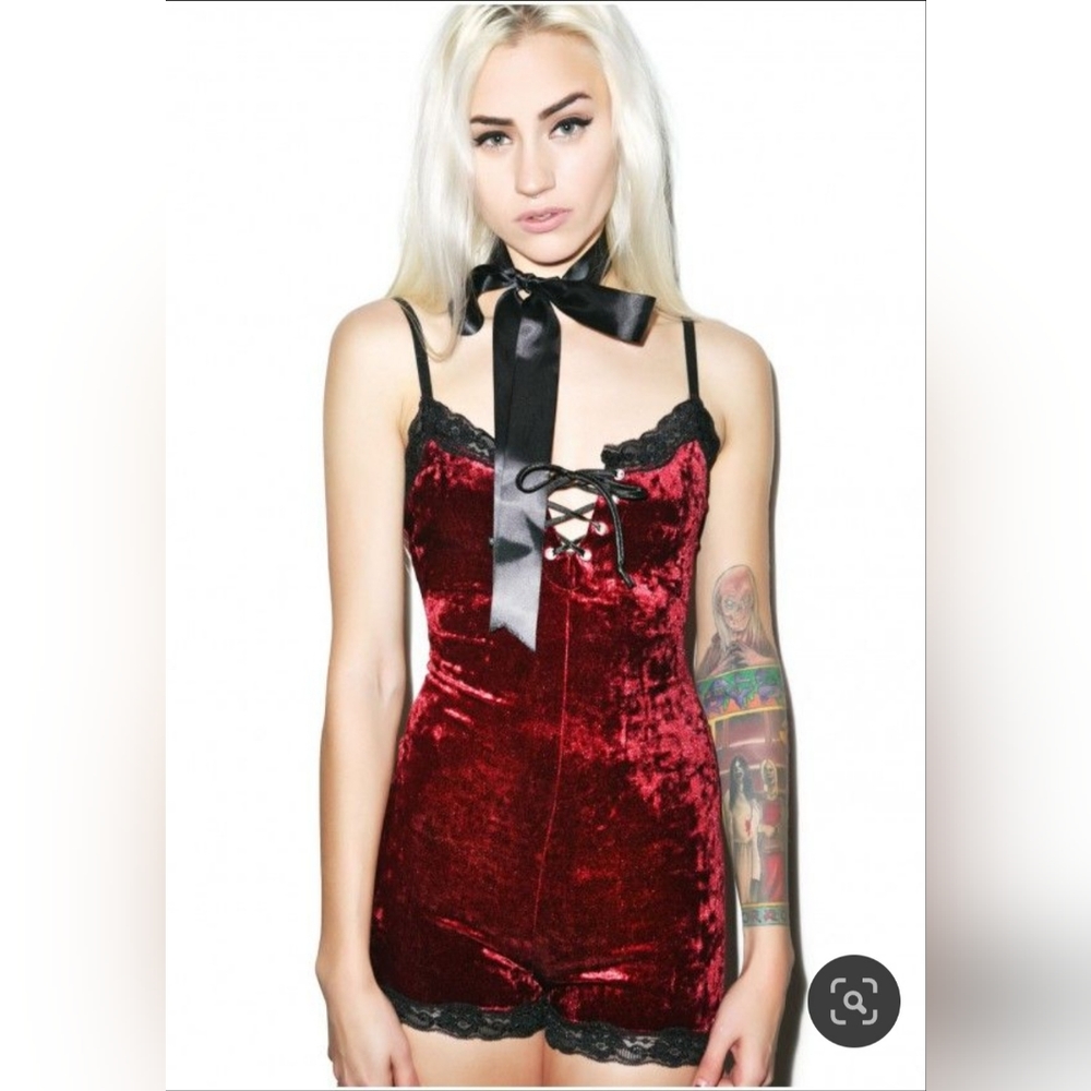 Lip service touch me black lace red velvet romper